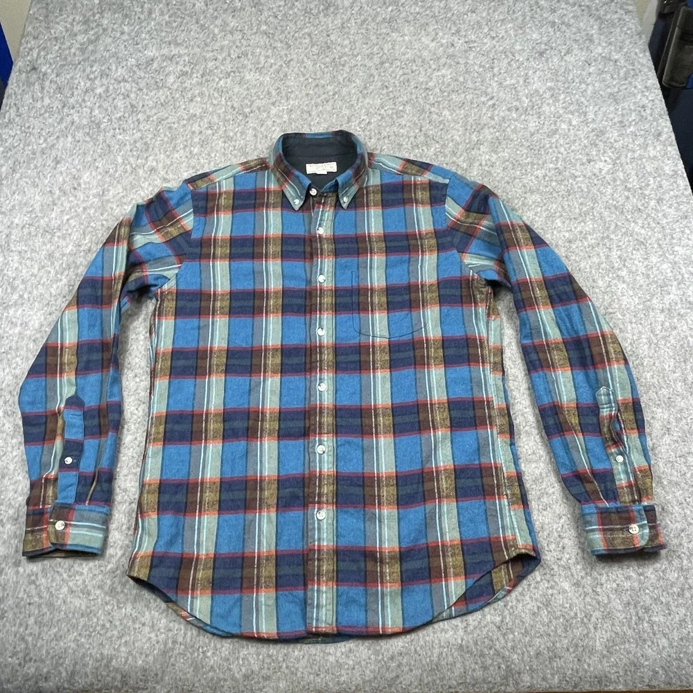 Wallace & Barnes J Crew‎ Shirt Mens Medium Blue Plaid Wool Blend Button Down